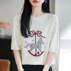 Nova Camiseta de Lã Fina Tricotada de Manga Curta Estilo Coreano para o Verão, Camiseta Básica Jacquard Color-Blocking Solta e Versátil com Gola Redonda para Mulheres