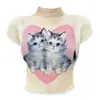 Top de Verão Feminino Novo Retro Europeu e Americano Ins com Gola Alta Estampa Waffle Camiseta de Manga Curta com Peixe Koi Oriental Atacado