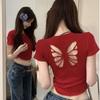 Camiseta Feminina de Verão com Bordado de Laço Vazado no Ombro Direito, Manga Curta, Curta, Slim, Modeladora, Top Sexy
