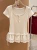 Dulce Camiseta de Encaje de Manga Corta con Costuras de Volantes para Mujer Diseño de Verano Ajustado Ajustado Top Combinable Ins