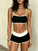 Shencai Nuevo Estilo Ribete Beige Color de Contraste Casual Simple Bikini Traje de Baño AliExpress Amazon TK564