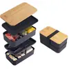 Lonchera de Bambú Transfronteriza con Compartimentos, Caja Bento Apta para Microondas, Lonchera Portátil de Doble Capa para Estudiantes, Venta al por Mayor con Logo Personalizado