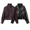 ZA AliExpress Más Vendido Comercio Exterior Transfronterizo Estilo Europeo y Americano Chaqueta de Cuero Casual Holgada Versátil con Cordón para Mujer