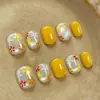 Uñas postizas estilo Ins de cúrcuma, forma de ojo de gato, flor pequeña, cuadradas cortas, base transparente tipo gelatina, margarita colorida, uñas postizas frescas