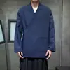 Nova Jaqueta Cardigan Masculina Estilo Chinês com Gola Cruzada, Amarrada, Plissada, Algodão Linho, Solta, Roupas para Cerimônia do Chá Zen, Peça de Roupa Exterior Estilo Chinês com Bolsos