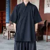 Bata holgada, imitación lino, talla grande, manga corta, inspirada en el Zen, cárdigan de estilo antiguo para hombre, con cuello cruzado y tapeta diagonal, chaqueta Hanfu, estilo chino de verano