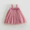 Vestido de malla floral tridimensional transfronterizo estilo chica dulce, vestido de tirantes de verano para la playa, vestido de princesa para bebé niña, vestido abullonado