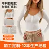Top feminino transfronteiriço sexy e atraente, de renda, com decote V, botões henley, manga longa, design personalizado canelado curto e justo