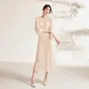Em Estoque Primavera de 2026 Elegante Vestido de Seda para Mulheres, Saia Evasê Clássica Simples, Emagrecedor Vestido Longo de Seda de Amora para Mulheres