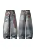 Marca Tendência Retro Americana Design de Nicho Primavera Novo Estilo Cintura Dupla Estampa de Leopardo Estampa de Gravata Jeans de Perna Larga Rasgado
