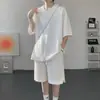 Conjunto de camiseta e shorts de linho e seda gelada masculinos de verão, plus size, manga curta, casual e oversized, com design de gola V