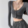 Top Corto Sexy para Chica Atractiva Camiseta de Manga Larga para Mujer Nueva Temporada Primavera y Otoño 2026 Color Sólido Ajustado Adelgazante Cárdigan Top Corto