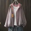 Nova Camisa com Capuz Estampada com Cordão Estilo Literário Feminino Casual Elegante Top Solto Feminino Fio de Algodão Casaco Fino