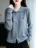 Cardigan de Punto con Solapa de Lana Peinada Nuevo Otoño 2025 Manga Larga Cremallera Doble Bordado Cordón Superior Chaqueta