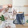 Traje de Verano para Niño 2025 Nuevo Bebé Verano Letra Ropa de Manga Corta Bebé Niños Camisa Pantalones Cortos Conjunto de Tres Piezas