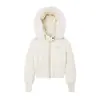 Jaqueta Curta de Algodão com Capuz e Gola de Pelo Removível Estilo Americano para Mulheres, Novo Estilo Inverno 2025, Casaco de Algodão Casual Slim Fit Emagrecedor