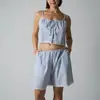 Europeu e Americano Novo Conjunto Feminino de Camisola com Listras Estilo Preguiçoso e Shorts com Renda Casual Cintura Elástica Roupa Feminina Transfronteiriça