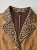Traje Casual Retro de Gamuza con Retazos Estampados de Leopardo, Cuello Solapa, Un Botón, Bolsillos y Chaqueta Corta Ajustada a la Cintura