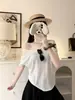Camiseta Listrada de Manga Curta Estilo Coreano para Mulheres, Coleção de Verão, Gola Redonda, Solta, Casual, Moderna, Reversível, Vazada, Costas Abertas, Top Leve