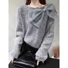 Suéter de punto con lazo morado estilo perezoso para mujer otoño invierno suave pegajoso holgado adelgazante tacto de alta gama suéter top de un hombro