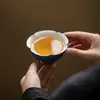 Esmalte de Roca con Chispas Doradas, Taza Azul Zafiro con Pie Alto y Boca de Flor, Taza de Maestro, Taza de Cerámica, Taza de Cata de Té, Juego de Té Kung Fu, Taza para Beber Té