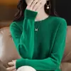 Camiseta base de encaje suave y casual con cuello redondo para mujer, nuevo suéter de punto elegante de otoño e invierno, corte holgado