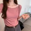 Camiseta Casual de Manga Média com Ombro Caído para Mulheres 2025 Nova Início do Outono Preta Ajustada Chique Camiseta Básica