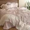 Juego de ropa de cama de alta gama estilo francés con lazo de encaje con volantes, hecho de algodón puro de fibra larga, juego de textiles para el hogar de cuatro piezas para el encanto del otoño
