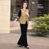 Novo Conjunto de Colete Estilo Chinês Vento Nacional para Mulheres de Meia-Idade e Idosas Primavera/Outono 2026 Novo Estilo Roupa de Mãe Conjunto de Três Peças de Veludo Dourado
