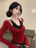 Camiseta Estilo Menina Sexy Quente, Ombro Único, Falsa Peça Dupla, Manga Longa, Fashion e Versátil para Primavera e Outono, Corte Justo e Valoriza a Silhueta, Estilo Ins