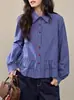 Camisa de Cuadros Azules Miu para Mujer 2026 Primavera Nuevo Estilo Camisa de Manga Larga con Volantes Top Estilo Corto Otoño