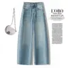 Calça Feminina Cropped com Barra Curva 2026 Primavera/Outono Jeans Fino de Cintura Alta Reta Solta para Mulheres Baixas