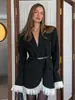 Traje de Encaje Transfronterizo Estilo Europeo y Americano Otoño e Invierno 2025 Nuevo Diseño Elegante Empalme de Encaje Hebilla Metálica en la Cintura Blazer