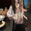 Camisa Fusang Tencel Linho Estampa Posicional Estilo Étnico 2026 Outono Novo Solta Estilo Étnico Vintage