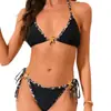 Nuevo bikini transfronterizo europeo y americano con copa triangular, estampado de leopardo, tirantes de atar, adornos de estrella de mar y un diseño sexy de dos piezas para mujer