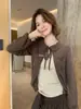 Suéter de Punto Cardigan Versátil Ajustado Cuello Solapa Corbata Estilo Retro Coreano Dulce de Principios de Otoño para Mujer 66756