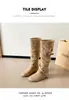 Aumento de 7cm~Botas Western Planas Elegantes com Tiras Cruzadas Bico Redondo Meio da Panturrilha Botas de Cavaleiro Botas Longas Botas Femininas Arredondadas
