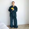 Conjunto de Pijama Longo Verde Quente de Veludo Coreano com Babados e Mangas Longas para o Inverno de 2026, Roupa de Casa Estilo Europeu e Americano