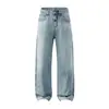 Calça jeans Muqiu Masculina, cor clara, lavagem vintage, com bigodes, plus size masculino, corte solto, relaxada e confortável, calça comprida