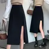 Falda Midi Negra Irregular con Abertura, Estilo A, Talla Grande para Mujeres, Otoño, Cintura Alta, Ceñida al Cuerpo, Transfronteriza