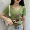Camiseta Feminina de Seda Gelada Tricotada de Manga Curta Verão Slim Fit Versátil Decote V Camisa Base Top Curto Justo Fino