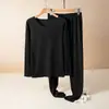 Outono e Inverno Veludo Alemão Roupa Térmica Feminina Conjunto Gola Redonda Roupas de Outono Espessadas e Calças Camiseta Base com Forro de Lã Conjunto de Duas Peças