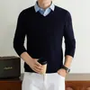 Suéter de punto de dos piezas falsas estilo "old money" para hombre con cuello de camisa para primavera y otoño, capa base de punto casual de negocios transfronterizo