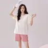 Pijama de Algodón Modal para Pareja Verano Manga Corta Shorts Cuello Redondo Pullover Suave Sencillo Ropa de Casa traje Ropa Exterior MO