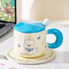 Taza de cerámica de cachorro lindo con tapa y cuchara, regalo de cumpleaños para niños, niñas, parejas, taza de desayuno al por mayor