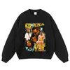 Moletom com Capuz Street Style Plus Size Algodão Puro Estampado Desgastado Flor Frita Lavado Gola Redonda Oversize Hoodie Transfronteiriço