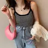 Camisola de Seda Gelada para Mulheres, Regata de Tricô Listrada de Verão, Top Fino Sem Mangas Retro Francês de Caimento Justo