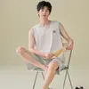 Pijama de Verano para Hombre, Chaleco y Shorts de Algodón Puro, Fresco de Verano para Hombre, Casual, Cómodo, Agradable para la Piel, Conjunto para Estar en Casa