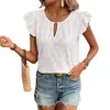 Top de verano hueco bordado con volantes transfronterizo para mujer, con mangas cortas tipo volante, cuello en V, camiseta casual, estilo europeo y americano, corte holgado