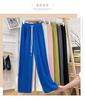 Calça Larga de Cintura Alta com Cordão e Estampa de Letras, Texturizada, Pregueada, Solta e Fluida, Comprimento no Chão, Casual Versátil
